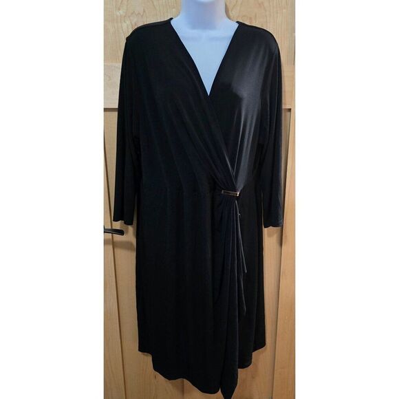 Black Wrap Dress With Gold Buckle Accent By Charter Club 3/4 Sleeves Flowy Fit S - Picture 1 of 9